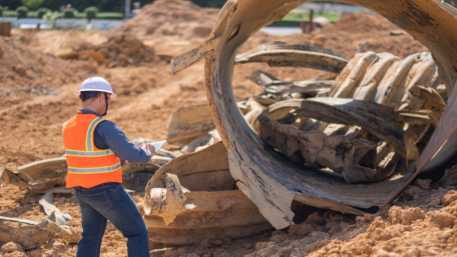 Construction,Surveyor,Or,Engineer,Working,Inspection,Damaged,Black,Corrugated,Pipe